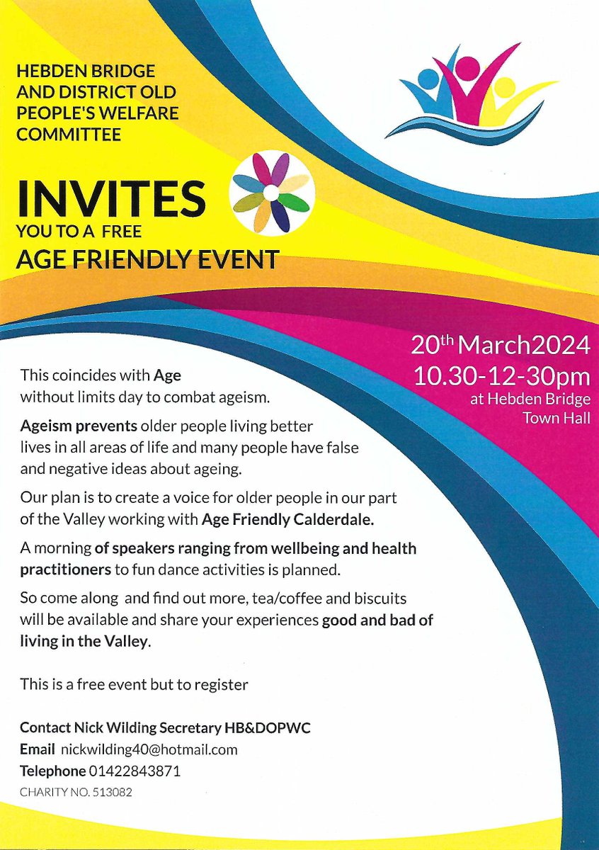 There's a super Age Friendly event @HebdenTownHall on Wed 20 March from 1030-12, where you can have a chat to a range of people, including health & wellbeing practitioners @FayeFayeb223 @CHFTNHS #AgeFriendly #AgeFriendlyCalderdale #health #wellbeing #HebdenBridge #Calderdale