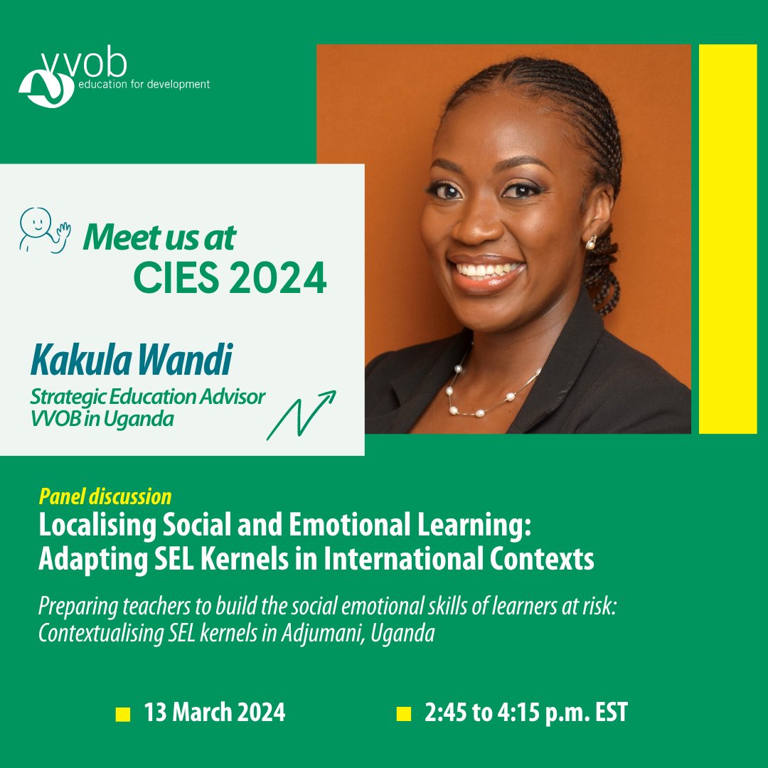 Are you at #CIES2024? Join our panel TODAY on social and emotional learning (#SEL) with VVOB's @kulawandi. She'll highlight how SEL skills help teachers foster resilience and social integration among refugee learners in #Uganda's Adjumani district. 🔗on.vvob.org/Panel_SELUgand…