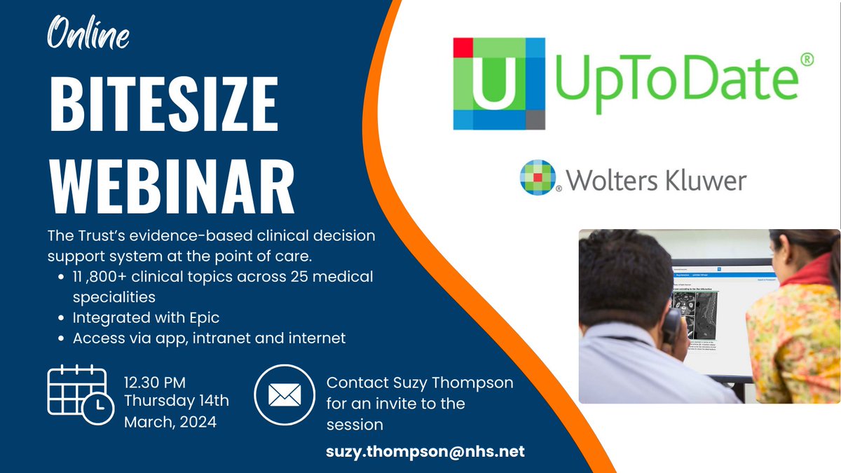 Join in tomorrow at 12.30pm via MS Teams for a Bitesize awareness session from an accredited trainer on @UpToDate - the evidence-based #clinicaldecision support tool at the point of care. Available to all staff and students at @FrimleyHealth Sign-up details are in the image.