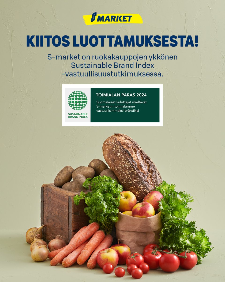 Suomalaiskuluttajat kokevat S-marketin alansa vastuullisimmaksi ruokakauppabrändiksi. Kiitos luottamuksesta! 🥰💚

Lue lisää Sustainable Brand Index -tutkimuksesta ja toteutuksesta 👉 sb-insight.com/sbi-finland