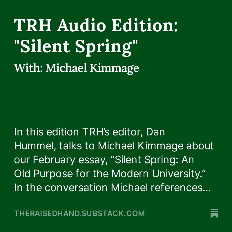 the_raised_hand's tweet photo. In our second Audio Edition @danielghummel talks with @mkimmage about the value of silence on university campuses for pursuing the good life. 
https://t.co/vr3ZZYrdZq https://t.co/gGCyF8xaxr