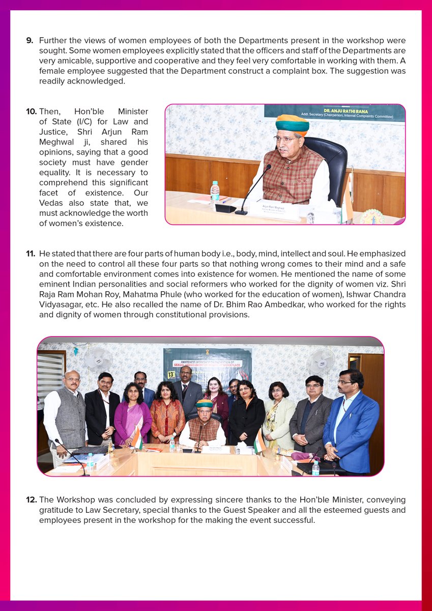 MLJ_GoI's tweet photo. On 13.02.24, In the august presence of Hon'ble MoS (I/C) for Law & Justice, Parliamentary Affairs & Culture Shri @arjunrammeghwal ji, Department of Legal Affairs successfully organised an #AwarenessWorkshop on ‘Prevention of #SexualHarassment of Women at Workplace’ at Shastri Bhawan, New Delhi.