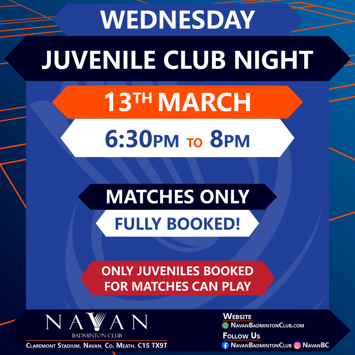 #WEDNESDAY #ClubNight | 13th Mar | 6.30pm-11pm | #ClaremontStadium #Navan #Meath #Ireland

Saddle up, #buckaroos! It's showtime at the #Badminton #Corral! Let's wrangle wins in a #WildWest-style! Matches Only!

#BWFWorldTour #YAE24 #AllOfBadminton #AllEngland2024 #FrenchOpen2024