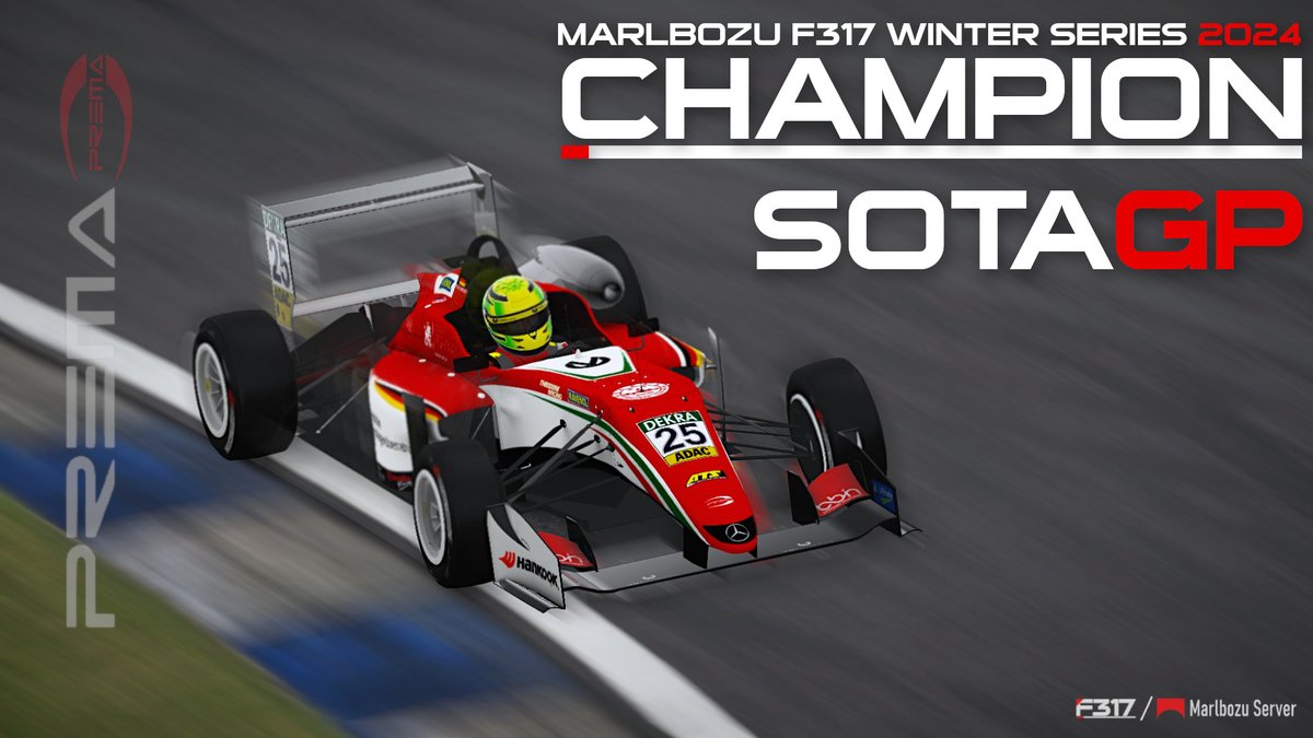 Marlbozu F317 Winter Series 2024

全5戦が終了し、総合シリーズチャンピオンは終盤の一騎打ちを制したSotaGPさんが獲得されました。 
おめでとうございます 🎉 
#rFactor2_jp #丸坊主鯖