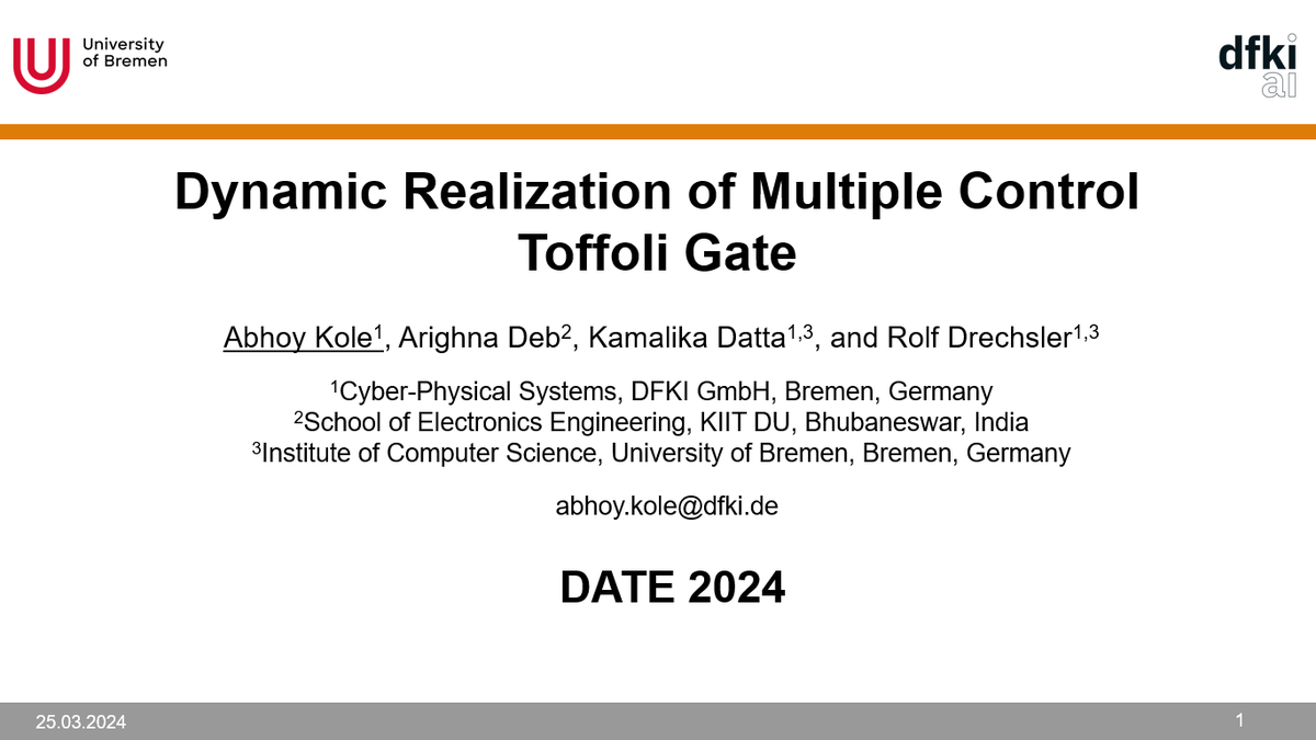 agra_uni_bremen's tweet photo. Tomorrow at #DATE2024 Abhoy Kole will talk about "Dynamic Realization of Multiple Control Toffoli Gate".
*
Paper: https://t.co/TPIGNev6b7
*
#conference #design #automation #test @DateConference https://t.co/ohCL5M0Gjq