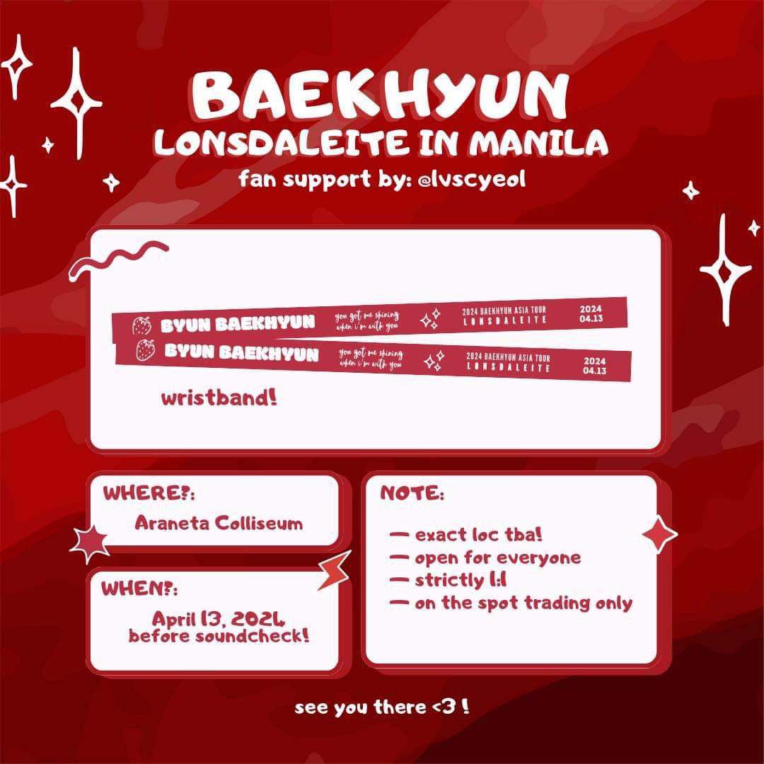 ❨ fan support for ##BAEKHYUN ☁️🥀🫧❩ ╰ by: @lvscyeol 𓄲 wristbands ♥︎ just say hi to claim 🪐 ♡̷ like & rt to spread! ♡̷ time and loc: tba ♡̷ open for everyone see you exols & bbhls! 🧚‍♀️ #2024BAEKHYUNAsiaTour #LONSDALEITEinMNL #LONSDALEITEinMANILA