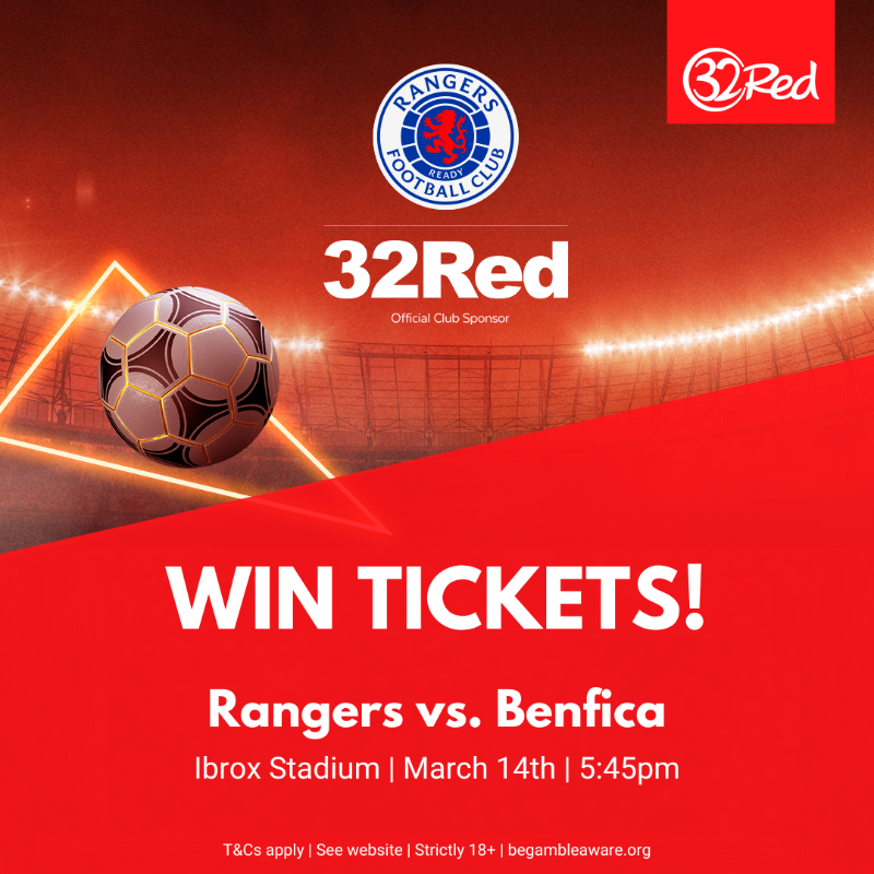 32Red's tweet photo. 📢 RANGERS FANS!!

We're giving away a pair of tickets to see Rangers vs Benfica tomorrow🎟️

1⃣ Follow @32Red
2⃣ Like this post
3⃣ Tell us below who The Gers' captain is!

Winner drawn at random. Entry closes at 8pm today - Good luck! 🤞

🔞 T&amp;Cs apply | #RangersFC | #32RedComps