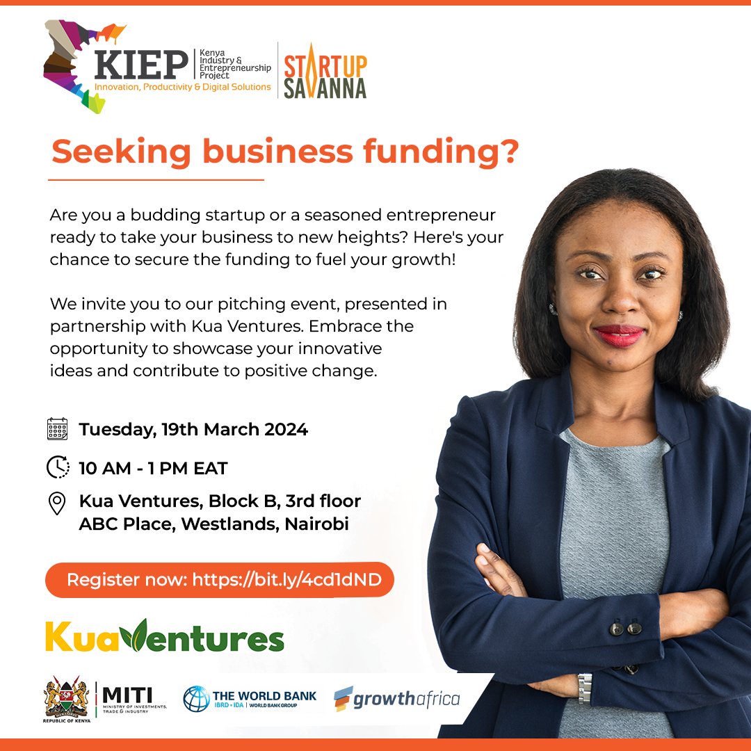 CALLING KENYAN ENTREPRENEURS! Join Startup Savanna's pitching event with Kua Ventures for a chance to secure funding between KES 5M to 15M. Criteria: impact-driven, 3+ years in business, KES 5M annual revenue.  Register by March 19, 2024: bit.ly/4cd1dND #Entrepreneurship