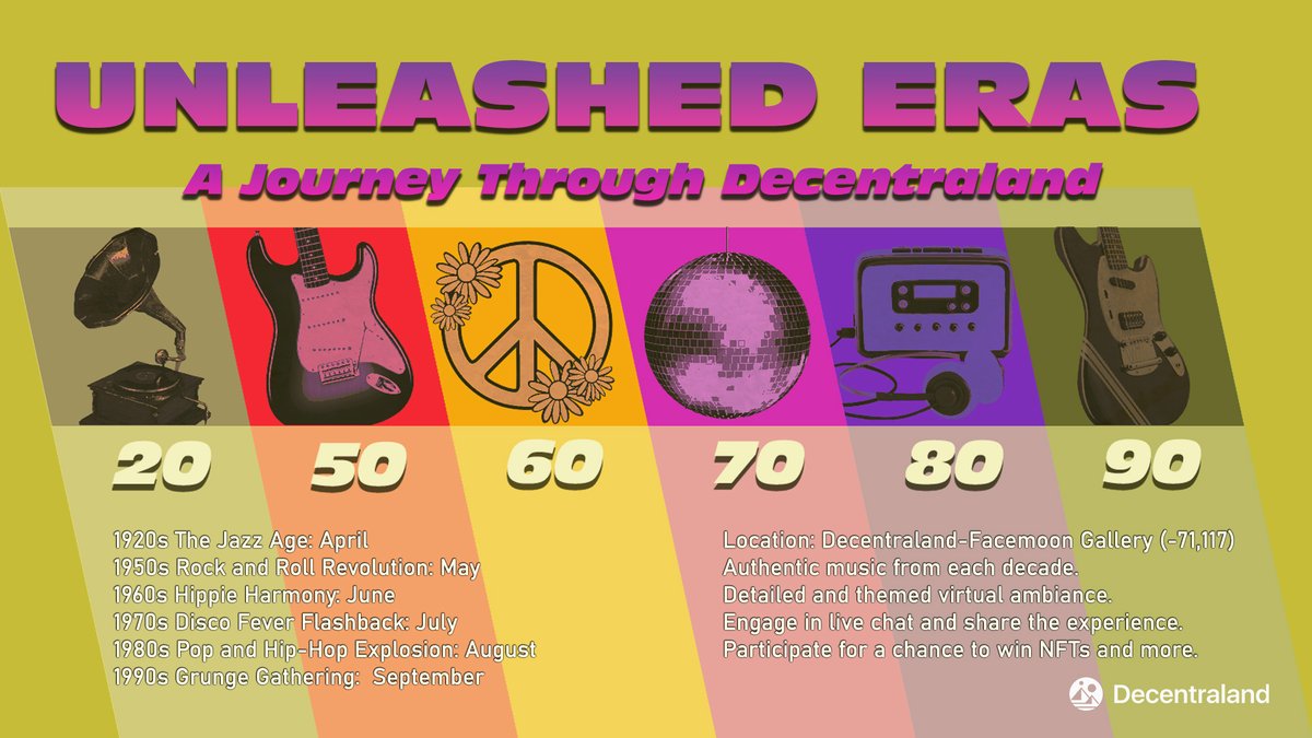 Embark on a journey through the decades with "Unleashed Eras" in Decentraland! 🎶 Discover the magic of each era at the Facemoon Gallery🌛
Starting in April at Facemoon Gallery. Stay tuned! Don't miss out on the music, prizes, and fun! 🎁 #ErasUnleashed #DecentralandParty