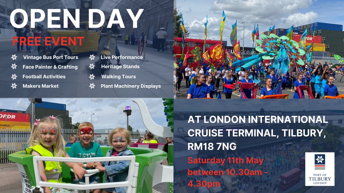 The team at the Port of Tilbury are excited to announce they will once again open their doors for a community Open Day and celebration event on Saturday 11th May from 10.30am until 4.30pm at the London Cruise Terminal. Read more here: bit.ly/3PiRfRh #openday