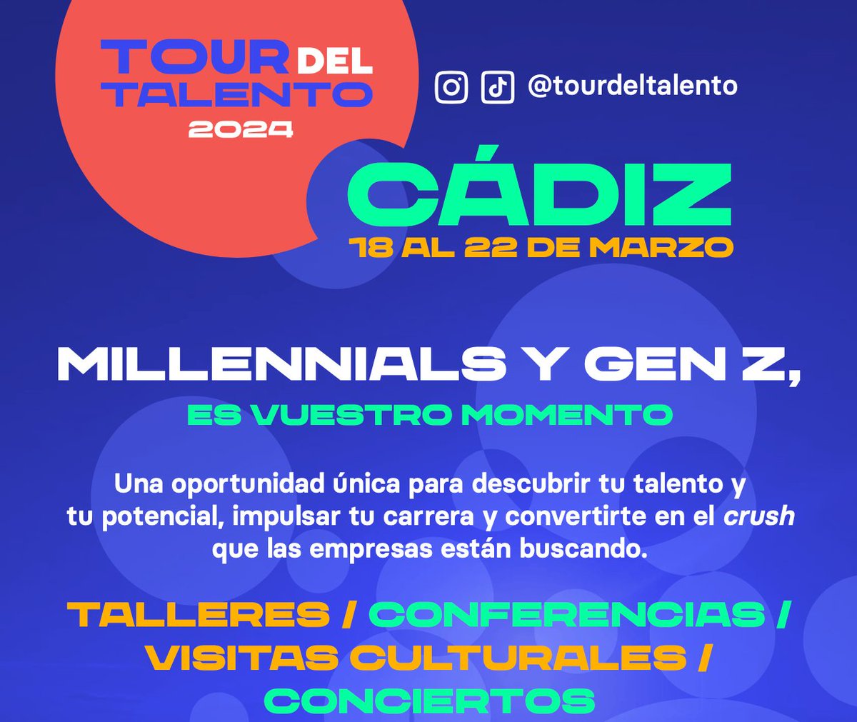 🎉🌟 El Tour del Talento llega a la ciudad de Cádiz, ¡y estamos listos para vivir una experiencia inolvidable! 💼 Descubre nuevas oportunidades, y ¡empieza a brillar! 💫✨ @univcadiz @Cadiz_es   💙💛 Regístrate ahora y ¡no te lo pierdas! ➡️ t.ly/RqNWb