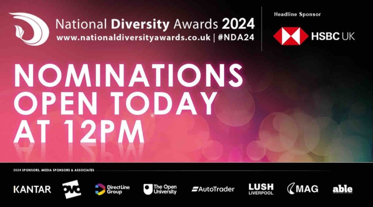 The 2024 National Diversity Awards open at 12pm today for nominations; find out more and get ready to nominate your community champion here: nationaldiversityawards.co.uk #nationaldiversityawards #diversity #NDA24 #dei #awardceremony