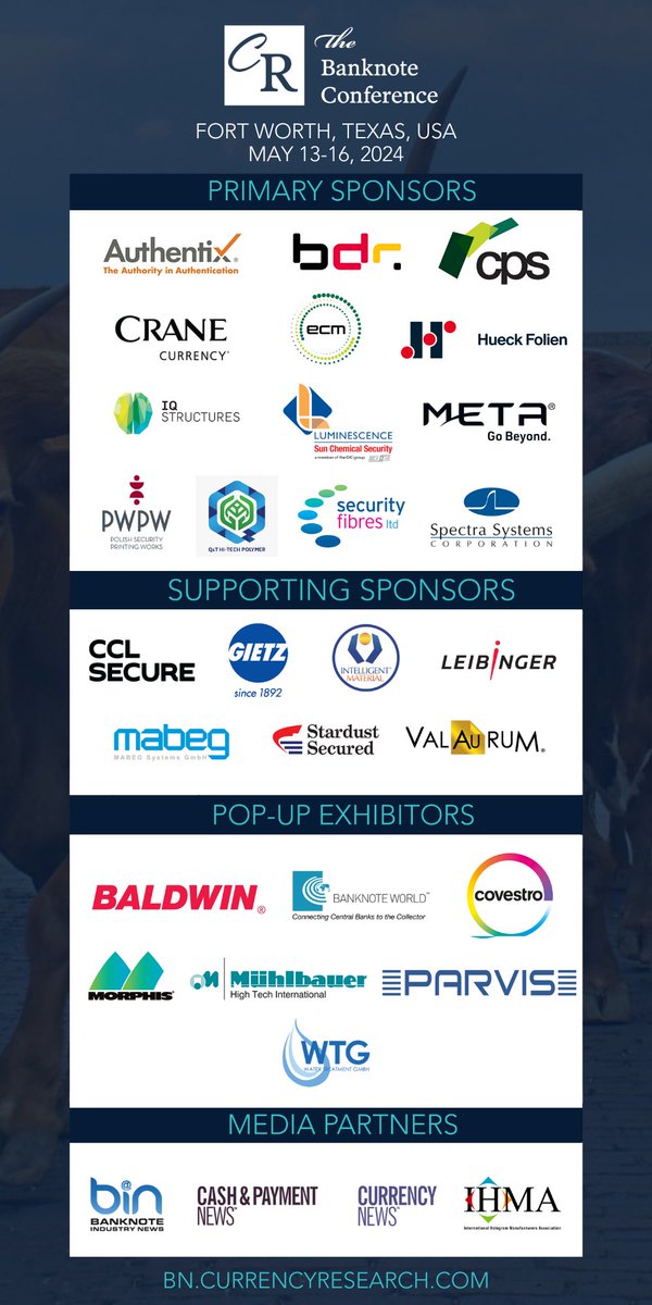 CurrencyResearc's tweet image. 🌟 We want to extend a heartfelt thank you to all the sponsors of the prestigious Banknote Conference. 🌟 We are excited to shape together this incredible #banknoteconference
👉 Don&apos;t miss the opportunity to meet them all in one place! 💼🌐 Register now: bit.ly/BanknoteConfer…