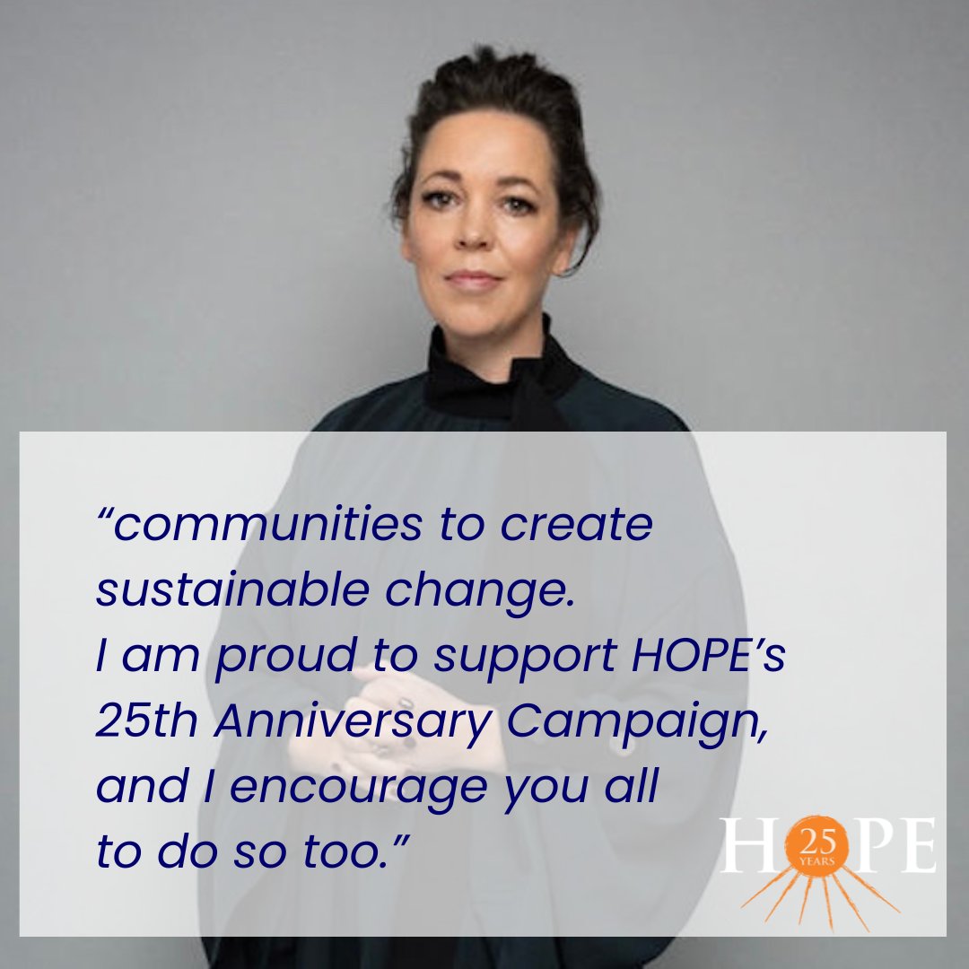 HOPE UK is delighted to announce that award-winning actress #OliviaColman CBE is backing our 25th anniversary campaign.  

If you would like to support us too, sign up to walk 10k steps per day as part of the Footsteps for HOPE challenge: thehopefoundation.org.uk/footsteps/

📸: Chris Baker