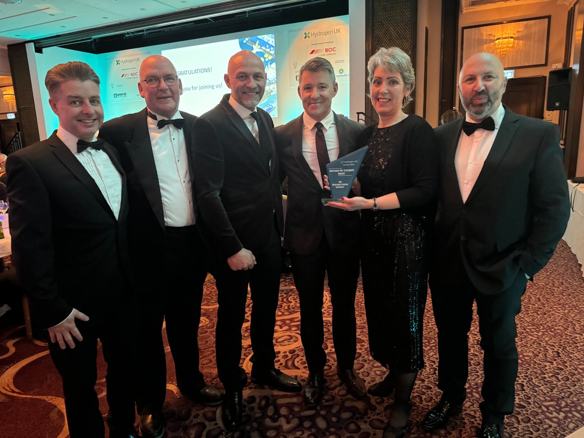 HVSTrucks's tweet photo. It's a win! We were delighted to take home the Hydrogen for Transport Award at the first Hydrogen UK Awards this week, against tough competition from Toyota, First Hydrogen, Logan Energy! Congratulations to all the finalists and winners, and thanks to @h2ukorg for a great night https://t.co/RyzYly6pPy