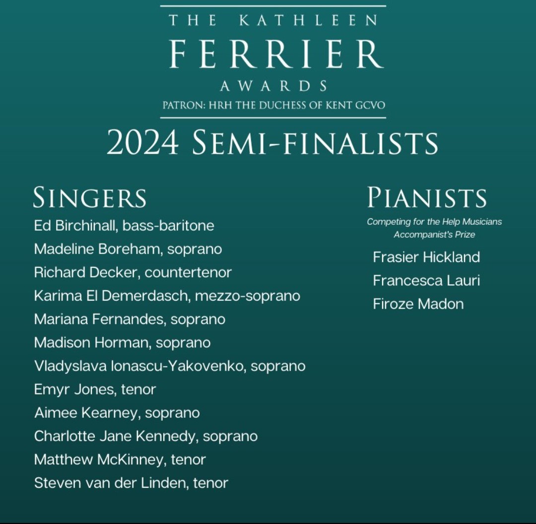 Huge congratulations to @rncmlive alumni @MHorman_Soprano @eljtenor and @charlottesop on reaching the semi-finals of The 2024 Kathleen Ferrier Awards @FerrierAwards . Sending you all best wishes for the 24 April! 👏🥰