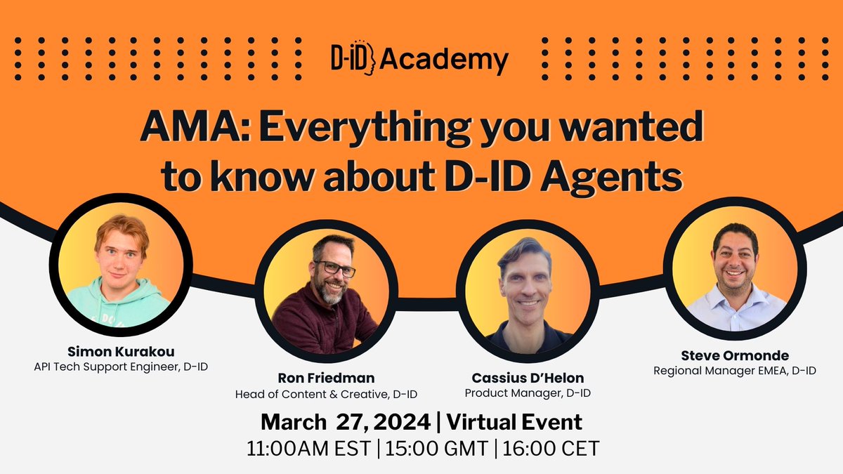 D_ID_'s tweet photo. Join us for a journey in the world of #DIDAgents at our #AMA #VirtualWebinar on March 27th at 11:00am (EST)! ๐งโ๐ป๐
โ
Discover How to Create Your Own #Agents
โ
Explore Real-World Business #UseCases
โ
Gain Insights Into the #TechnicalAspects
โ
Learn about #Enterprise Pricing
Trust us, you don't want to miss out! ๐โจ
Register NOW! ๐๐ https://t.co/vY0qOBeKBw
#DID #AI #DigitalAvatars #Webinar #Tech