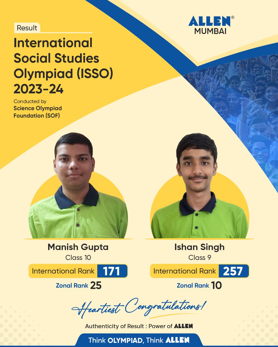 ALLENMaharashtr's tweet image. ✍️ ALLEN Mumbai: Where the journey of determination and success unfolds

🎯 Navigating the challenges and conquering the ISSO exam. These students redefine excellence

🥳 Heartiest Congratulations

#ISSOTriumph #ALLENMaharashtra #OlympiadResult #ALLENMumbai #HarGharMeALLEN