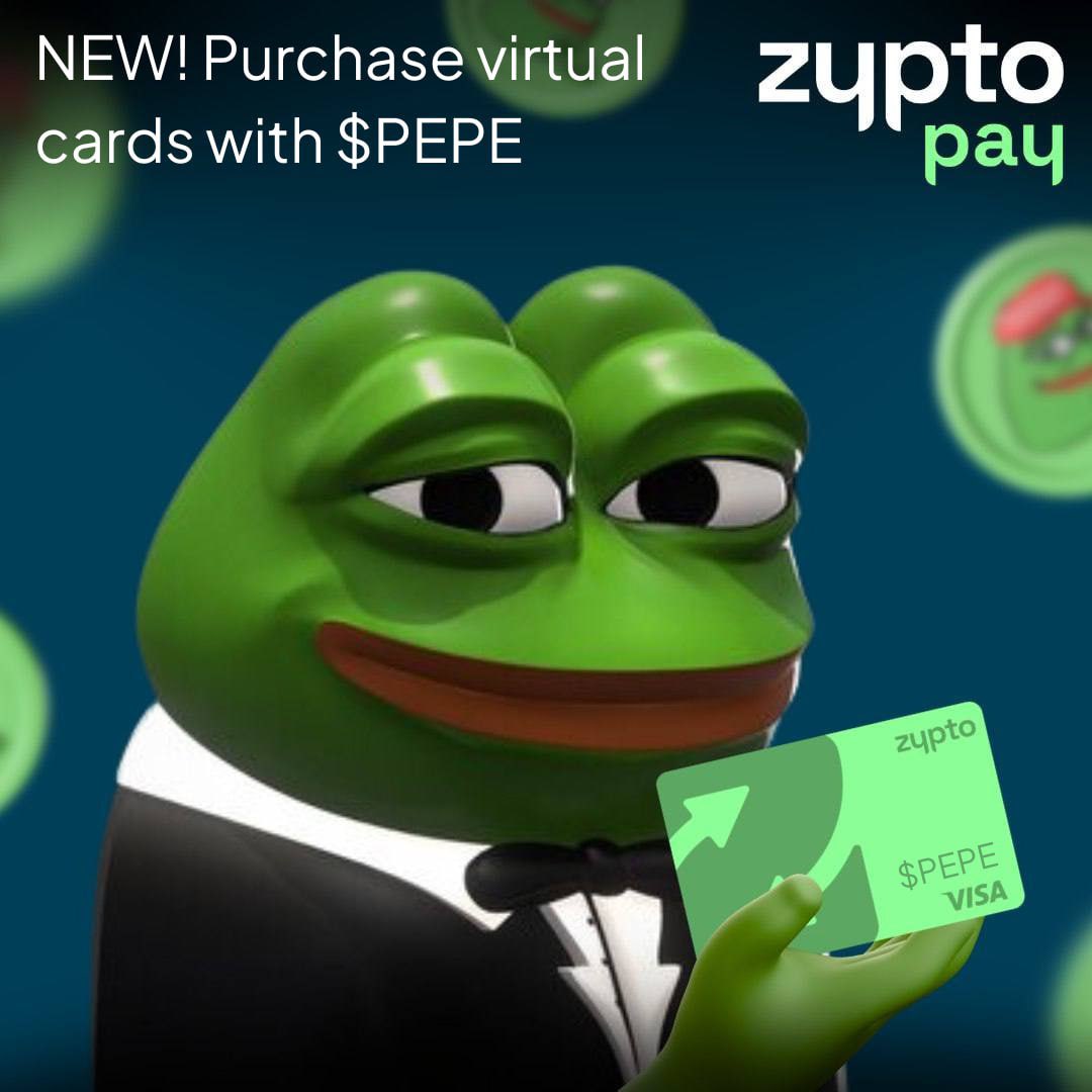 BREAKING: PEPE ($PEPE) is now listed for virtual crypto cards 🐸 What does  this mean? To celebrate the current meme hype and seeing @pepecoineth doing  so well lately, Zypto has decided that