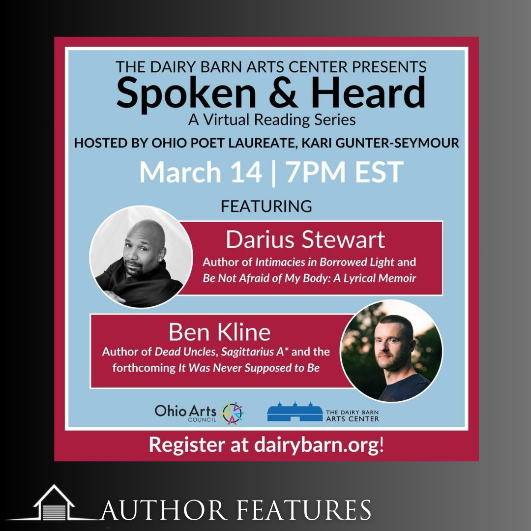 TOMORROW at 7pm EST you can hear from INTIMACIES IN BORROWED LIGHT author @dariusantwan79 for the Spoken & Heard virtual reading series by @dairybarnarts! The series hosted by fellow EastOver author of DIRT SONGS, @KGunterSeymour! Register here: bit.ly/3TyLUrx