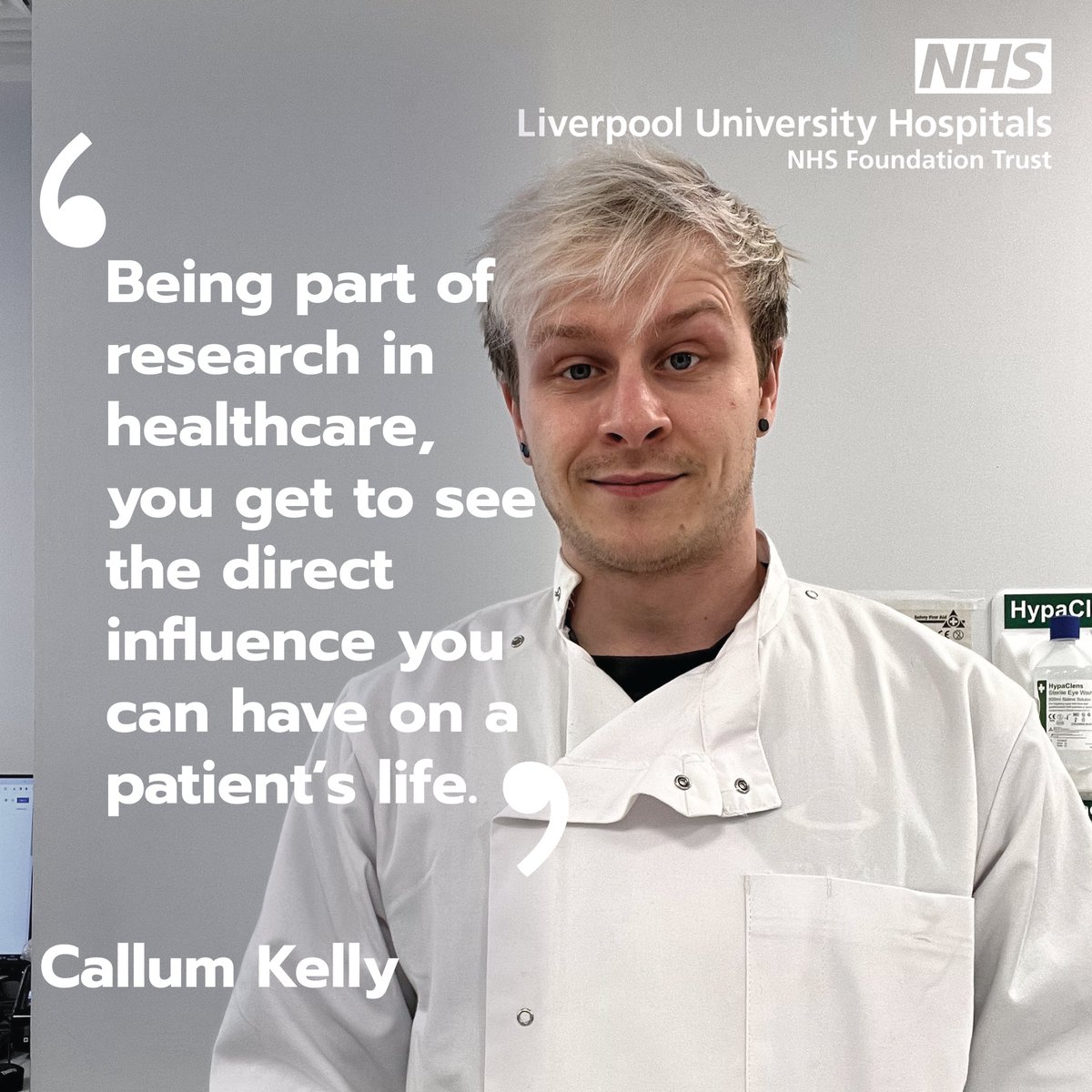 “I have seen new medications reach market and be on shop shelves, knowing that I was a part of the research leading to that is very rewarding.” Callum Kelly from Liverpool, is a Senior Lab Technician @LivHospitals Read more staff stories: shorturl.at/biLRS #HCSWeek24