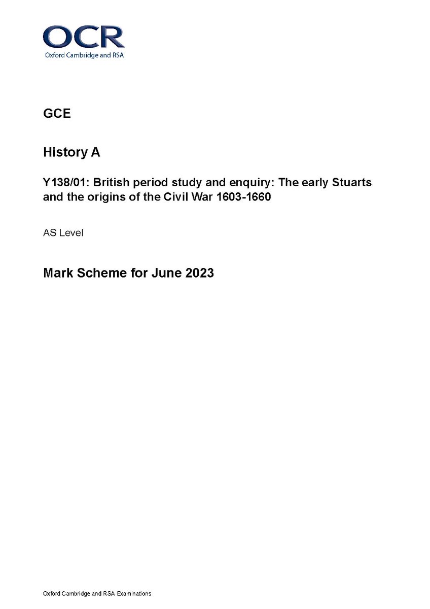 2023 OCR A LEVEL HISTORY A PAPER 1 MARK SCHEME (Y138/01: British period study and enquiry: The early Stuarts and the origins of the Civil War 1603-1660).  
hackedexams.com/item/15004/202… 
#2023ocralevel #ocralevelhistorya #ocrpaper1 #ocrmarkscheme #Y138/01 #hackedexams