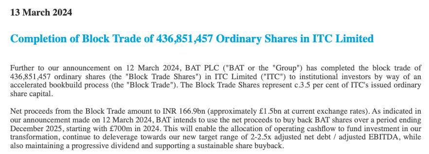 Finally some liquidity in the $ITC position. $BTI $BATS.L

And capital allocation moving in the right direction with a (tiny) buyback. Baby steps.