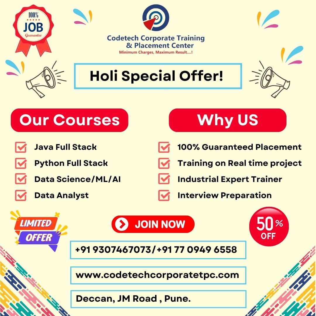 Codetechtpc's tweet image. Don&apos;t miss our special Holi offer! Enjoy up to 50% off on a variety of courses and programs. Enhance your skills and knowledge today!

#holi2024 #javacourse #placements #pythoncourse #datascience #puneholi