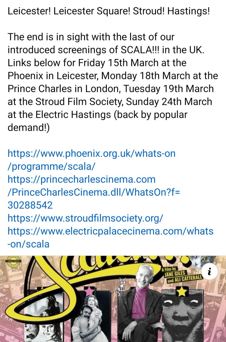 Hurry, hurry! The last leg of @scalacinema's great UK road tour (for now) is in sight! Including the @PhoenixLeic, @ThePCCLondon, @FilmStroud and @Electric_palace. See websites for tickets and details.