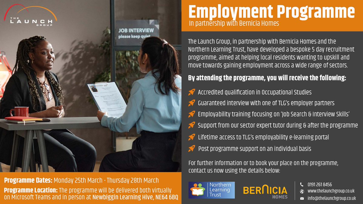 Join a 5-day recruitment program by The Launch Bernicia Homes, and Northern Learning Trust to enhance skills, kickstart careers, and secure a job interview post-course completion. #CareerDevelopment #Upskill #TheLaunchGroup #BerniciaHomes #NorthernLearningTrust #newbigginbythesea