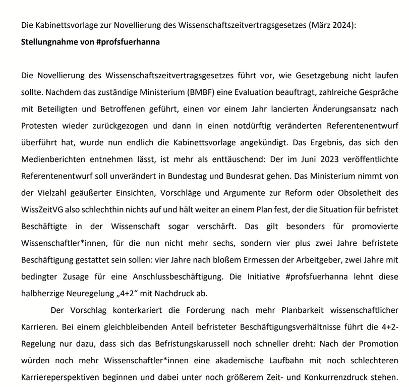 Klare Kante von #profsfuerhanna 
Sehr deutliche Stellungnahme gegen die geplante Novelle des #WissZVG
Danke an alle, die hier Zeit und Mühe investiert haben!