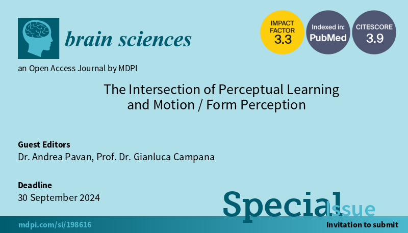 BrainSci_MDPI's tweet photo. #mdpibrainsci Special Issue Open for Submission! The Intersection of Perceptual Learning and Motion/Form Perception edited by Dr. Andrea Pavan and Prof. Dr. Gianluca Campana
https://t.co/Xdq8penzy2
@MDPIOpenAccess @MDPISociaLsci @Scilit_
#neuroscience #brain #PerceptualLearning https://t.co/YX42tTqc12