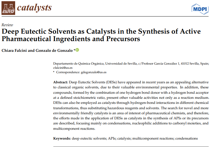 Are you looking for a DES’s review of its employment as novel and more environmentally friendly catalysts in the synthesis of APIs??
Chiara Falcini (PhD candidate 5) and her PI @gonzadegonzalo (@unisevilla), have your back:

Have a look here: doi.org/10.3390/catal1…