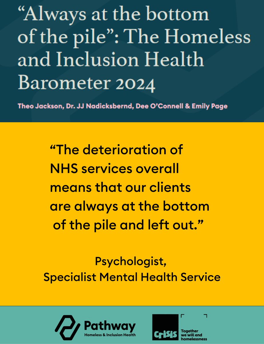 The Homelessness and Inclusion Health Barometer 2024 report published today is the first of its kind from @PathwayUK and Crisis. It reveals the national crisis facing both our health and housing systems. pathway.org.uk/resources/baro… 🧵1/9