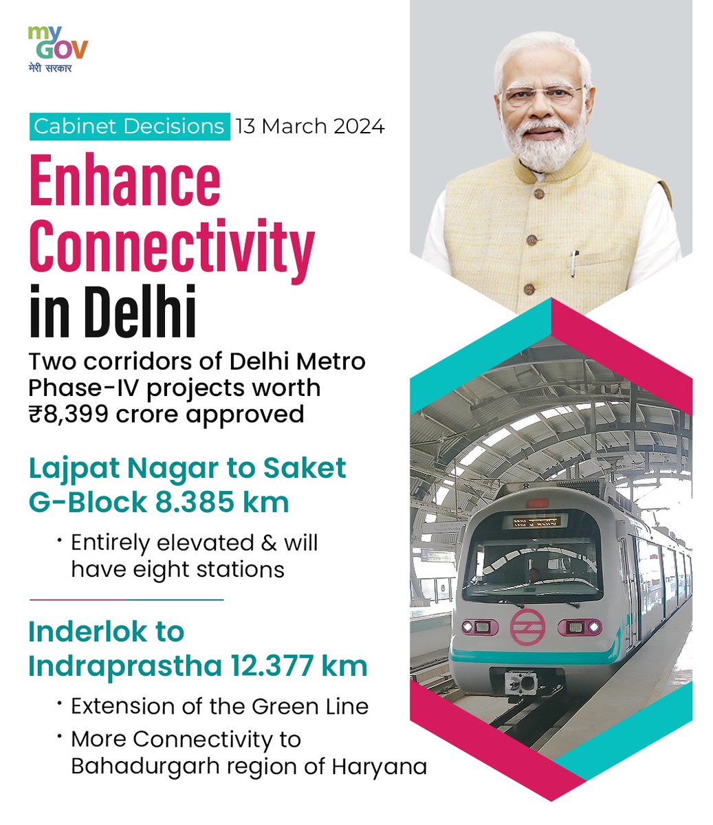 Delhi! Your commute just got easier as the Cabinet has approved two new Metro corridors in Phase-IV: Lajpat Nagar to Saket G-Block and the Green Line extension to Bahadurgarh. 

#DelhiMetro #DMRC #CabinetDecisions