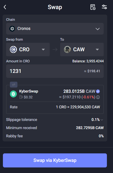 how to buy $CAW

step 1: you install <a href="/Rabby_io/">Rabby Wallet</a> 

step 2: you send $CRO via <a href="/cronos_chain/">Cronos</a> to your wallet

step 3: you click swap and write CAW

step 4: you now have a based wallet with proper UI, you uninstall metamask and never look back

🔪🔪🔪🐦‍⬛🔪🔪🔪