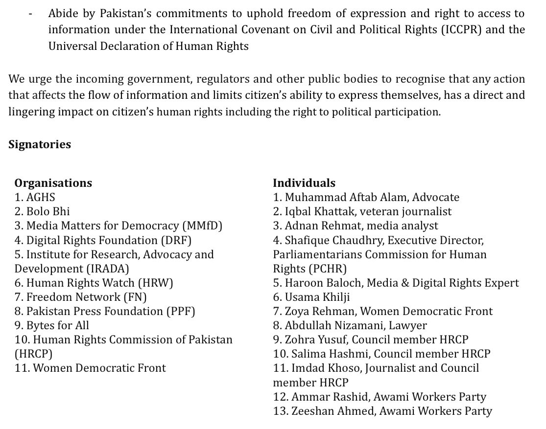 Statement— Pakistani civil society organisations & human rights activists call on the govt for: Immediate unbanning of Twitter/X; Repeal of laws that allow censorship; Transparency on internet policy; Avoid future censorship; Abide by international law commitments. #internetkholo