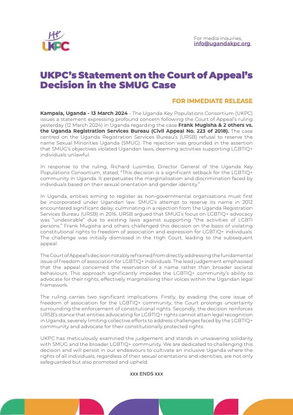 We're deeply concerned by the Court's decision in Uganda regarding @SMUG2004 advocacy efforts. Read our full statement on our website to learn more and stand with us in solidarity: 🔗: bit.ly/3Pia7Qh