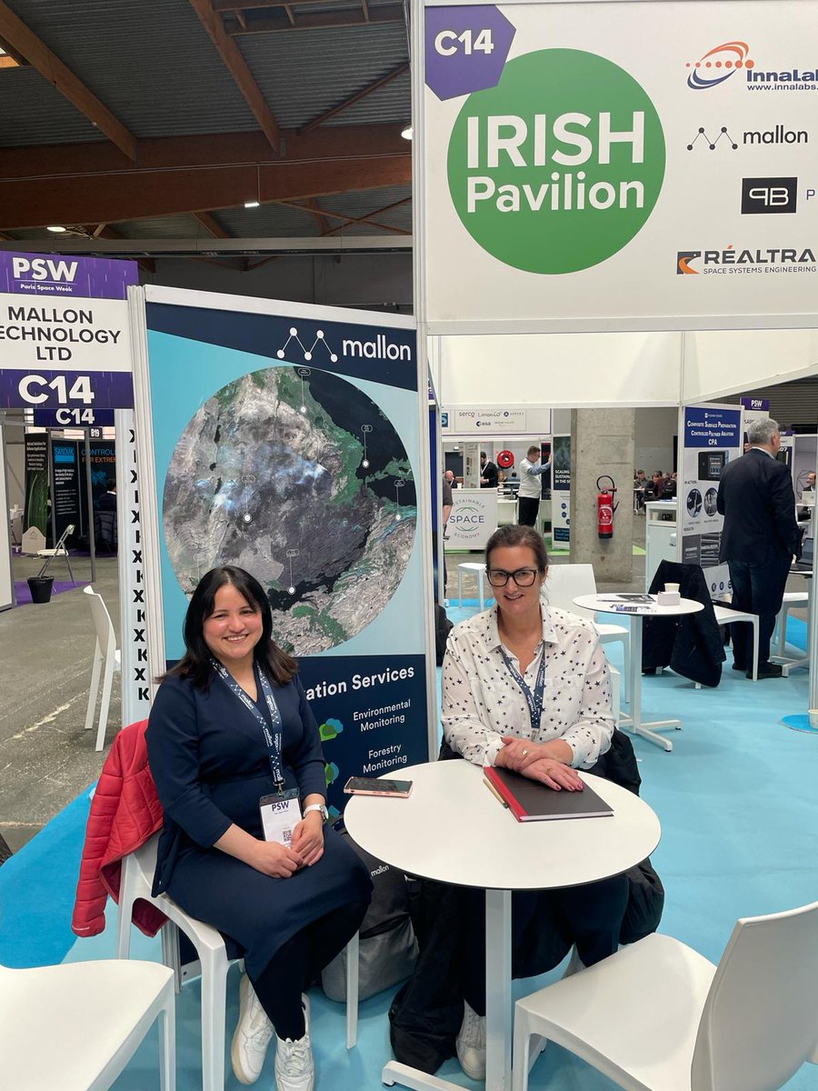 Busy second day at @ParisSpaceWeek!🛰️ We've had plenty of visitors to our stand so far, including Norah from @RealtraSpace. It is great to hear about the innovations in space electronic systems being driven by an Irish company! #ParisSpaceWeek #EO #Innovation