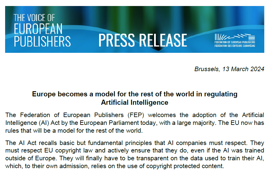 👏Congrats to <a href="/Europarl_EN/">European Parliament</a> for the final adoption of the #AIAct 

💻With this legislation, #Europe becomes a model for the rest of the world in regulating #ArtificialIntelligence 

👉Read our full press release: fep-fee.eu/Press-release-…