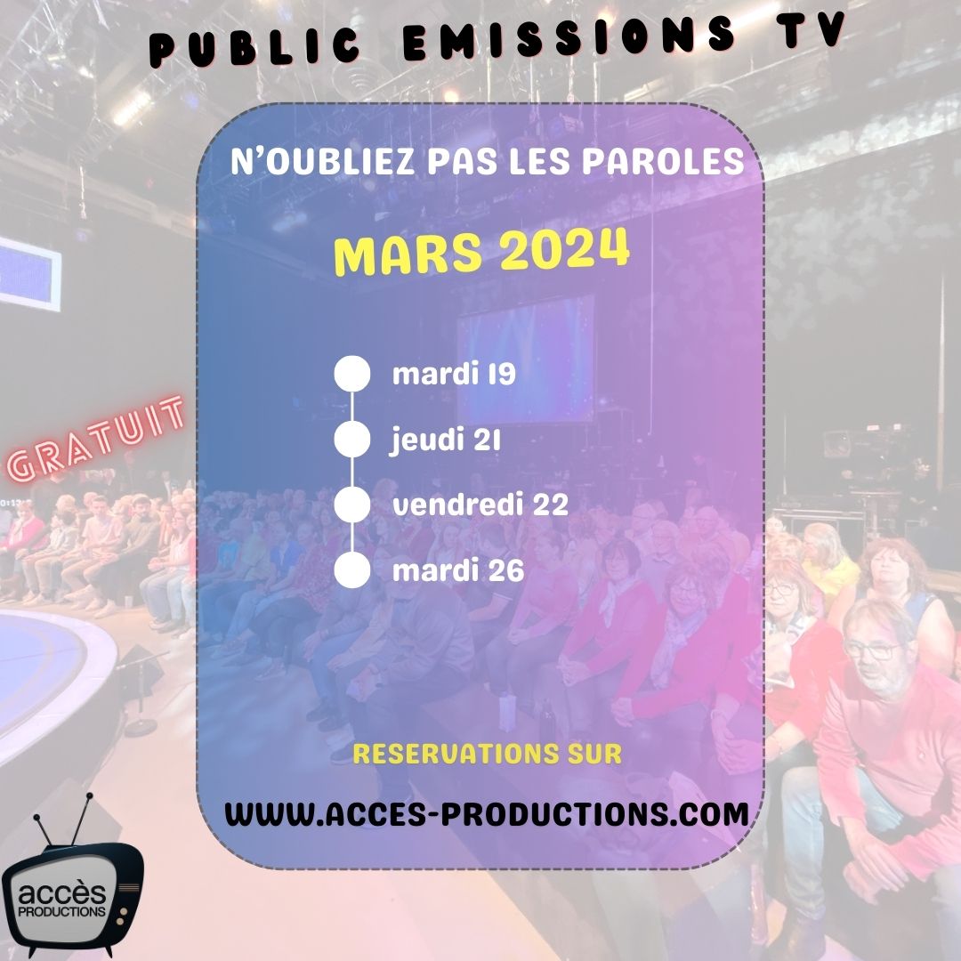 #emission #tv Si vous aussi vous voulez venir dans le public de N'OUBLIEZ PAS LES PAROLES Nous vous donnons cette possibilité, voici nos dates d'enregistrements 19-21-22-26 Mars 2024 Afin de prendre vos places gratuites, rdv sur acces-productions.com #follow #like4like