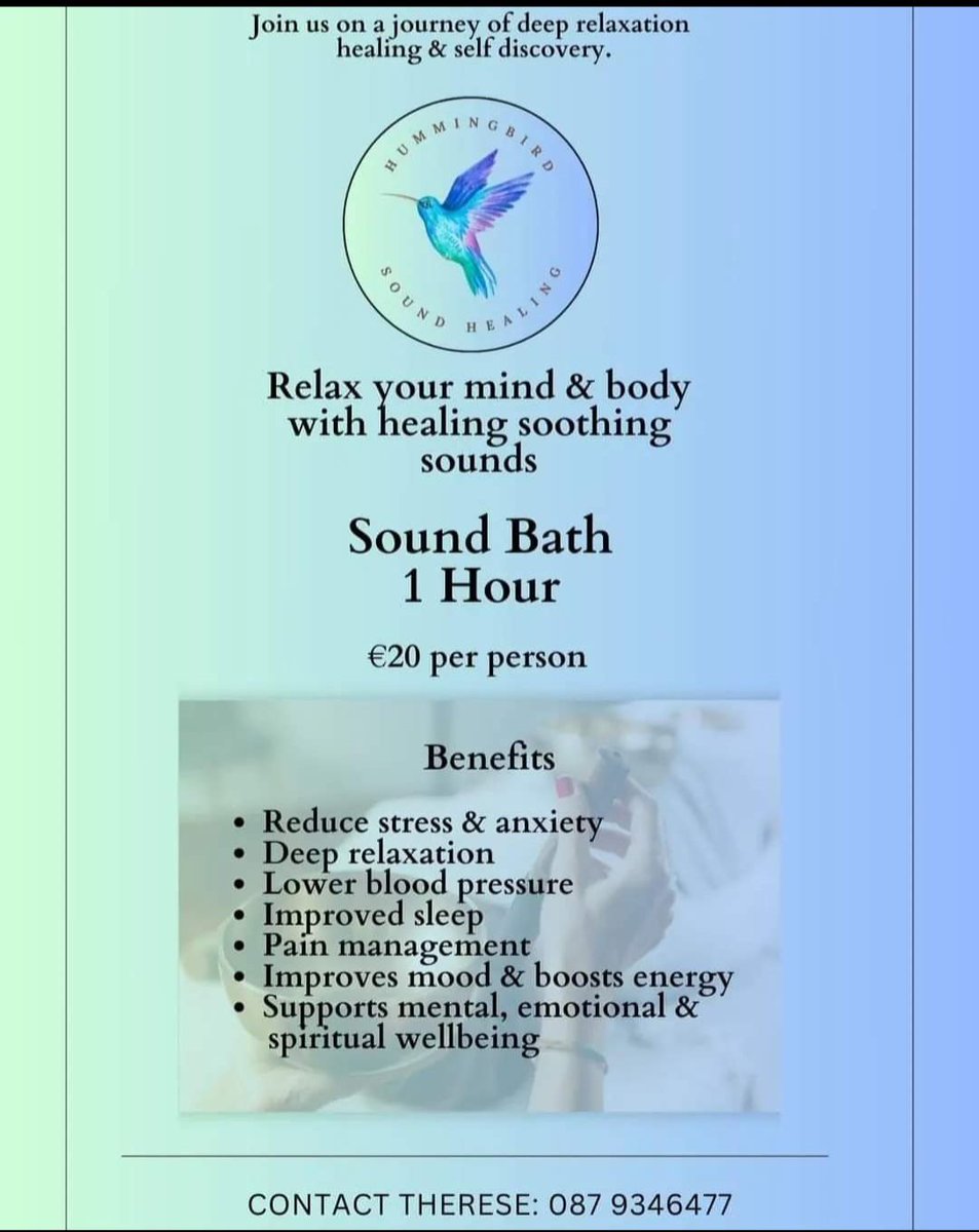 Friday 15th Evening Sound Bath ❤️ Time: 6.30 pm - 7.30 pm Venue: The Spellman Centre Relax after a hectic week with a soothing Sound Bath @hummingbird_soundhealing