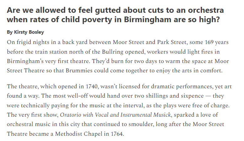 Gorgeous opening to today's @brumdispatch story about feeling conflicted over arts cuts by @Bozzers. Ashamed to say I didn't know any of this history before reading! birminghamdispatch.co.uk/p/are-we-allow…