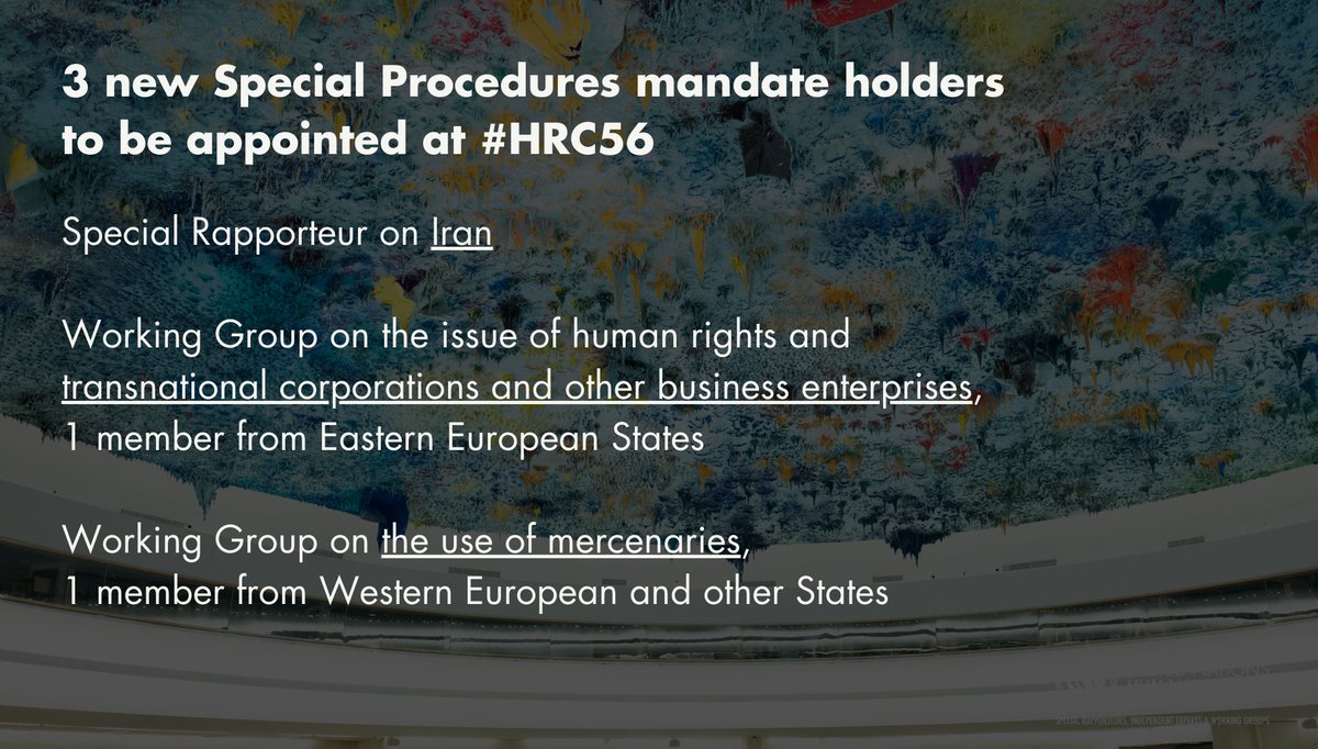 3 new @UN_SPexperts mandate holders will be appointed at the next Human Rights Council #HRC56 🔹SR Iran 🔹WG transnational corporations and other business enterprises 🔹WG use of mercenaries Apply before 8 April: ow.ly/WY5b50Lf5cw