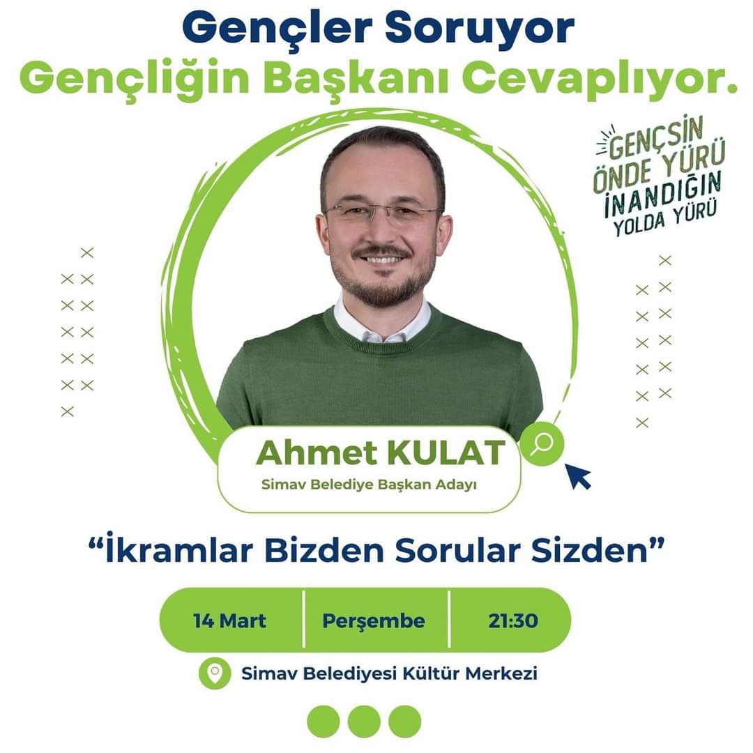 akpartisimav's tweet photo. Haydi Gençler Bekliyoruz !

📍Belediye Kültür Merkezi
⏱️ 14 Mart Perşembe 21:30

#GençlerinBelediyesi
#GençliğinAbisi
#AhmetKulat https://t.co/s4vmJJvN1J