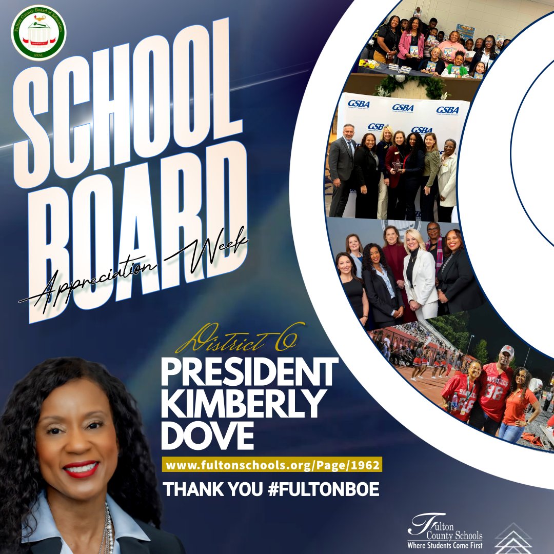 March 11–15, 2024 is School Board Appreciation Week in Georgia. Thank you @KimberlyRDove for your service and dedication to students, their families, and the employees of FCS. #FULTONBOE To learn more about District 6: President Kimberly Dove visit fultonschools.org/Page/1962