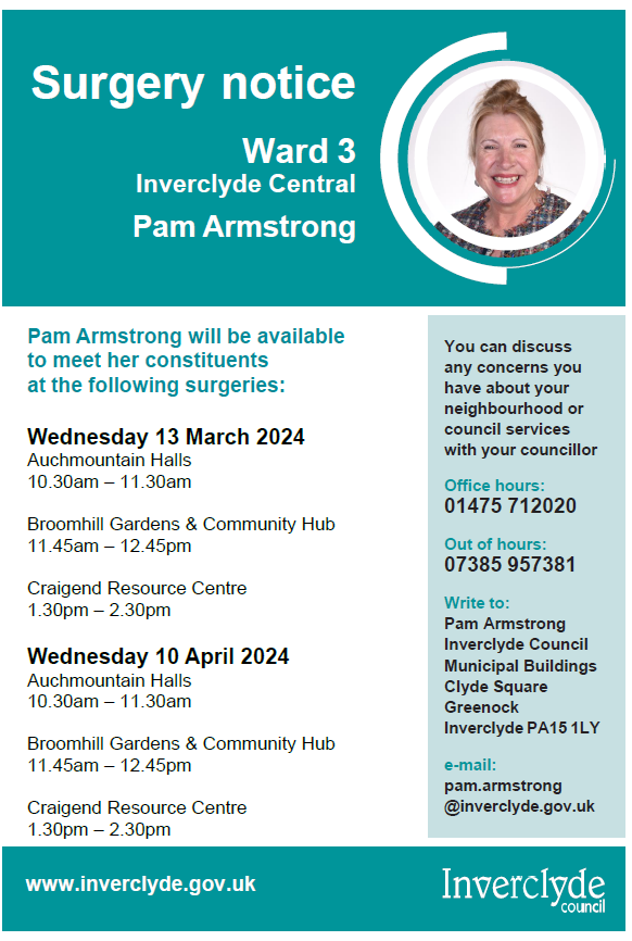 Councillor Pam Armstrong (Ward 3) will be available to meet constituents today. inverclyde.gov.uk/meetings/counc…