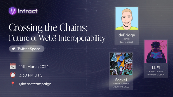 🗓️ Mark your calendars 🗓️

Intract is hosting a #TwitterSpaces on the Future of Web3 Interoperability with founders from @deBridgeFinance @lifiprotocol and @SocketDotTech.

Tune in tomorrow to win from a $200 Reward Pool!

🔗 Set a reminder here: link.intract.io/k70Ozy