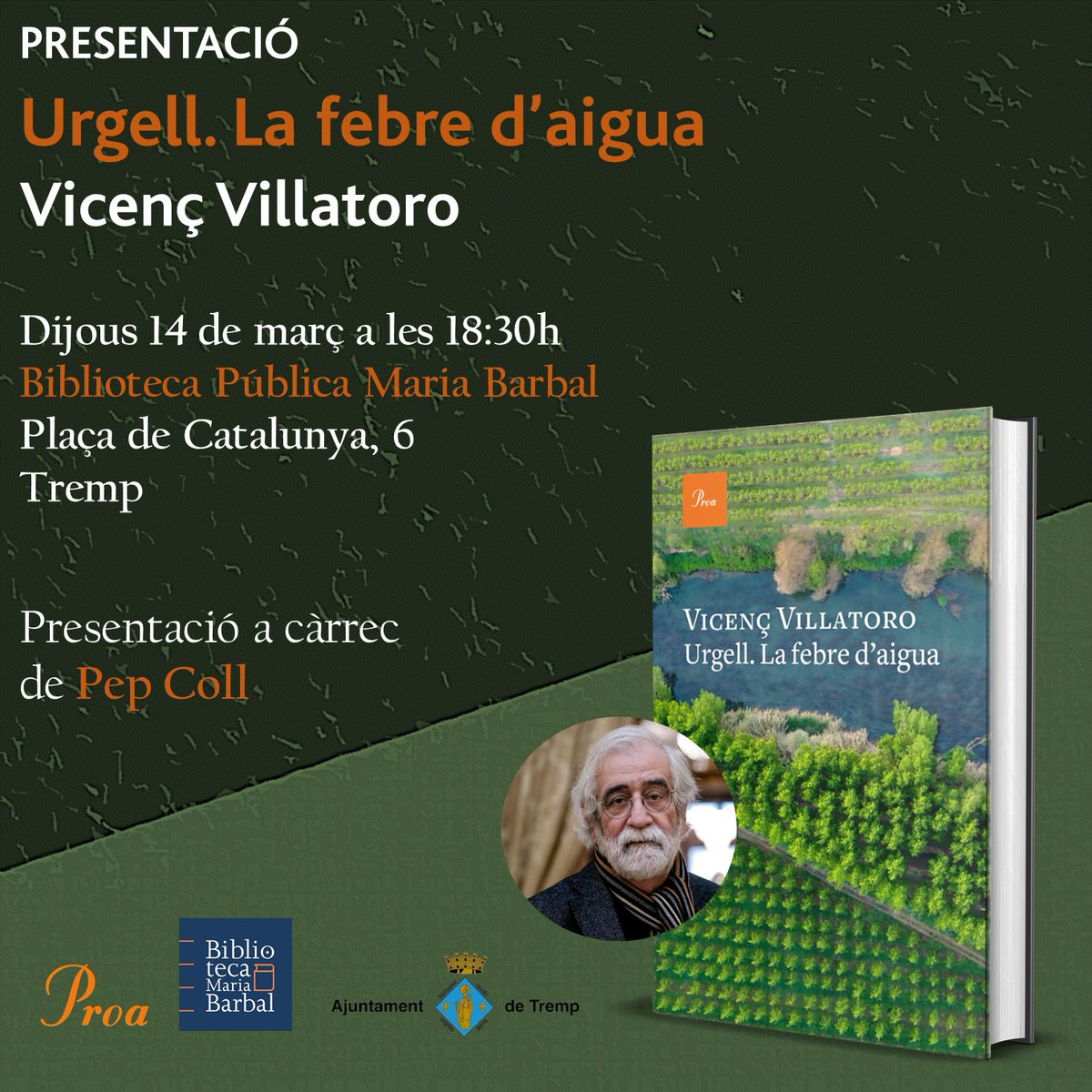 📅🌊 Aquest dijous 14 de març teniu en #VicençVillatoro presentant ‘Urgell. La febre d’aigua’:

⏱️ A les 18:30 h
📍 A la Biblioteca Pública Maria Barbal, #Tremp
🗣 Presentació a càrrec de Pep Coll

🟤Us hi esperem! 
@Grup62