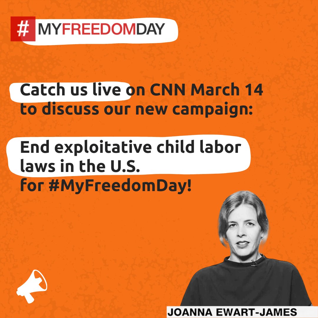 freedomunitedHQ's tweet photo. 🥁 Drumroll, please! 🥁
Our campaign to end exploitative child labor in the U.S. is the @CNNFreedom #MyFreedomDay action for 2024!
Catch us live on CNN tomorrow and follow our social media channels for behind the scenes updates! https://t.co/nPHiued4db